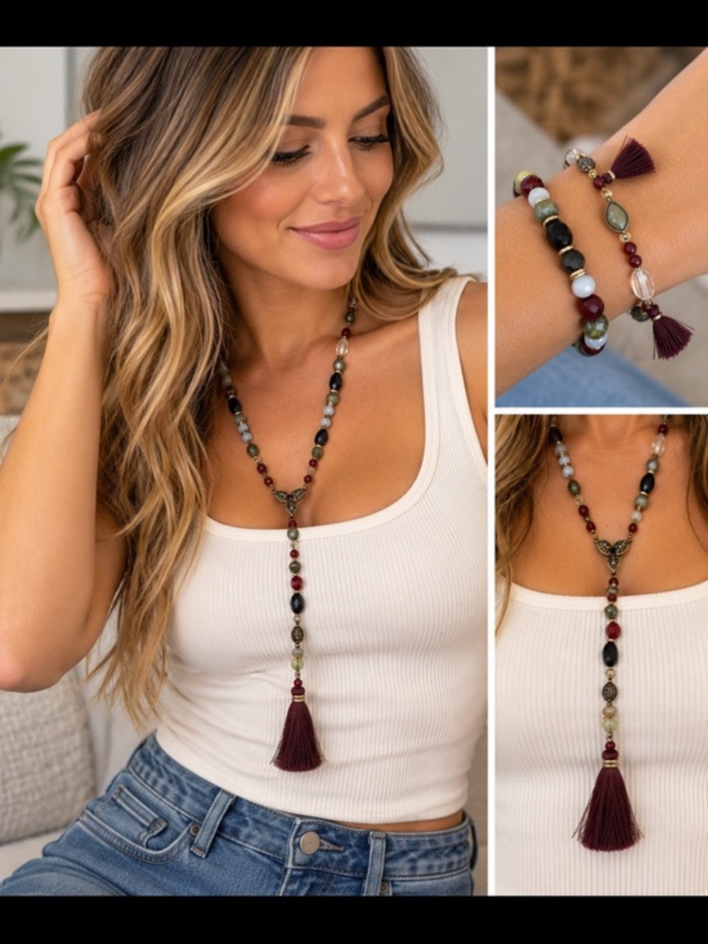 Chico’s Beaded Necklace & Bracelet Set Burgundy Green Tassel Boho Jewelry